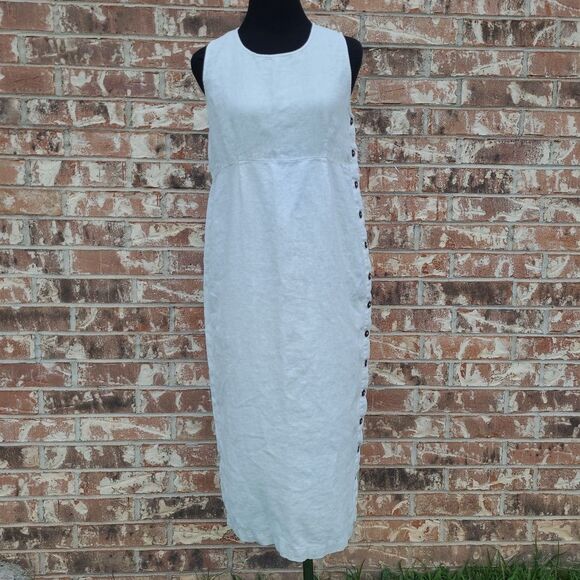 Kiko Petites Vintage Lagenlook Linen Dress Size M Button Side Beachy Cream Ivory - Picture 1 of 12